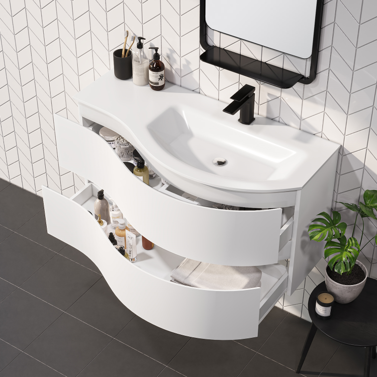 Grade A1 - 1000mm White Wall Hung Right Hand Curved Vanity Unit with Basin - Tulum