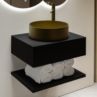 600mm Black Wall Hung Countertop Vanity Unit with Brass Basin and Shelf - Lugo 600mm Black Wall Hung Countertop Vanity Unit with Brass Basin and Shelf - Lugo