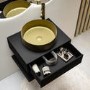 600mm Black Wall Hung Countertop Vanity Unit with Brass Basin and Shelf - Lugo