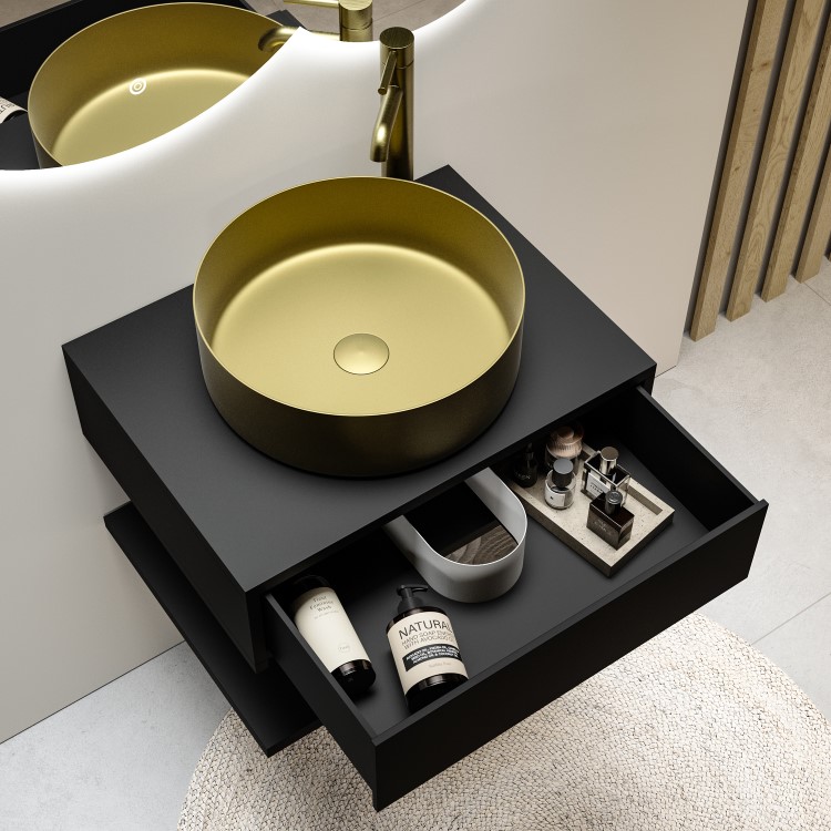 600mm Black Wall Hung Countertop Vanity Unit with Brass Basin and Shelf - Lugo