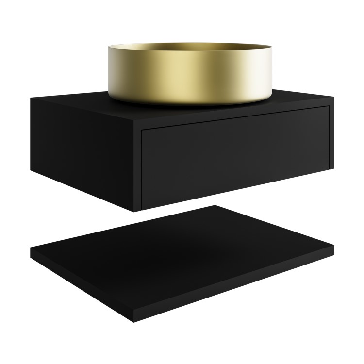 600mm Black Wall Hung Countertop Vanity Unit with Brass Basin and Shelf - Lugo