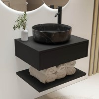 Grade A1 - 600mm Black Wall Hung Countertop Vanity Unit with Black Marble Effect Basin and Shelves - Lugo