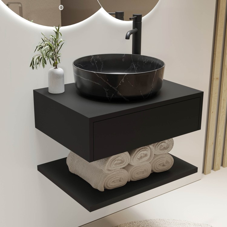 Grade A1 - 600mm Black Wall Hung Countertop Vanity Unit with Black Marble Effect Basin and Shelves - Lugo