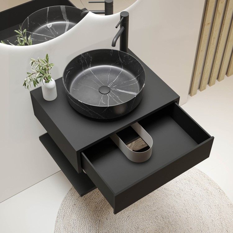 Grade A1 - 600mm Black Wall Hung Countertop Vanity Unit with Black Marble Effect Basin and Shelves - Lugo