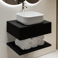 ONLY OPENED - 600mm Black Wall Hung Countertop Vanity Unit with Basin and Shelf - Lugo