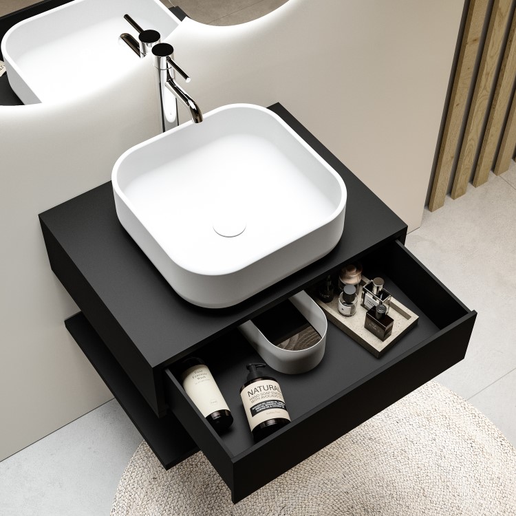 ONLY OPENED - 600mm Black Wall Hung Countertop Vanity Unit with Basin and Shelf - Lugo