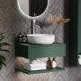 Grade A1 - 600mm Green Wall Hung Countertop Vanity Unit with White Marble Effect Basin and Shelves - Lugo