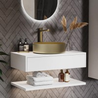 Grade A1 - 800mm White Wall Hung Countertop Vanity Unit with Brass Basin and Shelves - Lugo Grade A1 - 800mm White Wall Hung Countertop Vanity Unit with Brass Basin and Shelves - Lugo