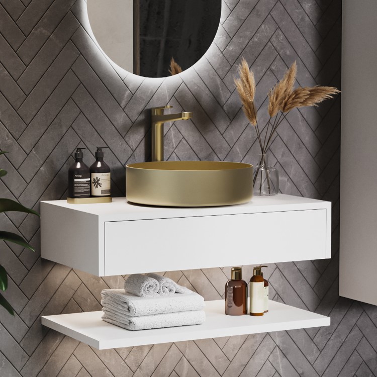Grade A1 - 800mm White Wall Hung Countertop Vanity Unit with Brass Basin and Shelves - Lugo