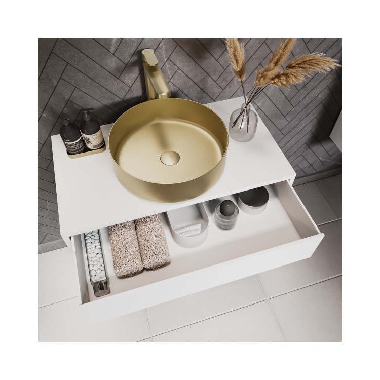 Grade A1 - 800mm White Wall Hung Countertop Vanity Unit with Brass Basin and Shelves - Lugo