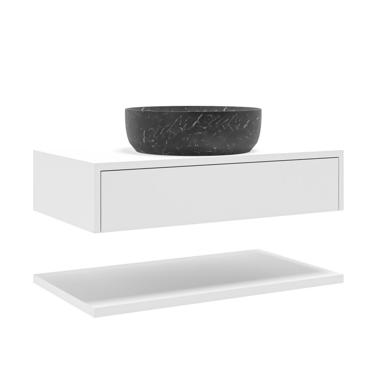 Grade A1 - 800mm White Wall Hung Countertop Vanity Unit with Black Marble Effect Basin and Shelves - Lugo