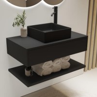 ONLY OPENED - 800mm Black Wall Hung Countertop Vanity Unit with Black Square Basin and Shelves – Lugo
