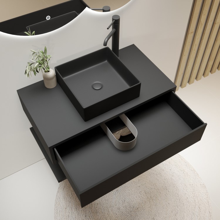 ONLY OPENED - 800mm Black Wall Hung Countertop Vanity Unit with Black Square Basin and Shelves – Lugo