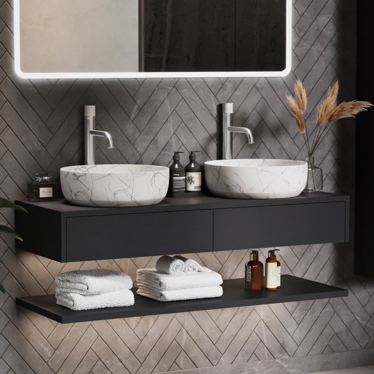 ALMOST PERFECT - 1200mm Black Wall Hung Double Countertop Vanity Unit with White Marble Effect Basins and Shelves - Lugo