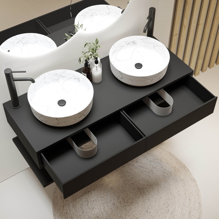 1200mm Black Wall Hung Countertop Double Vanity Unit with White Marble Effect Basins and Shelf - Lugo