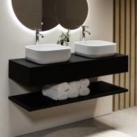 1200mm Black Wall Hung Double Countertop Vanity Unit with Basins and Shelf - Lugo