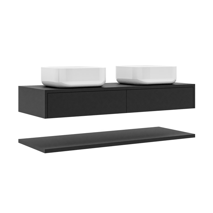1200mm Black Wall Hung Double Countertop Vanity Unit with Basins and Shelf - Lugo