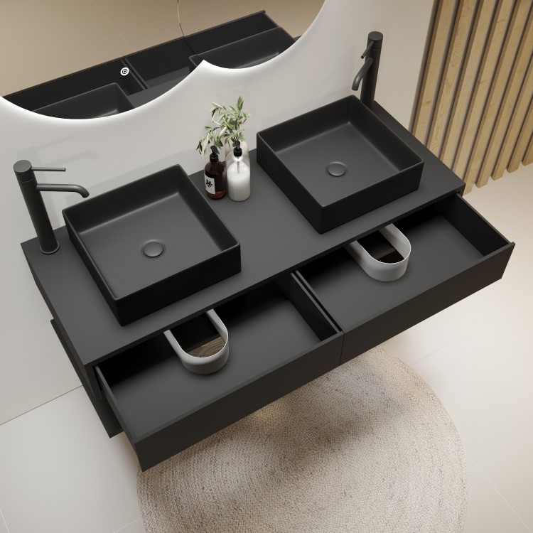 1200mm Black Wall Hung Countertop Double Vanity Unit with Black Square Basins and Shelf - Lugo