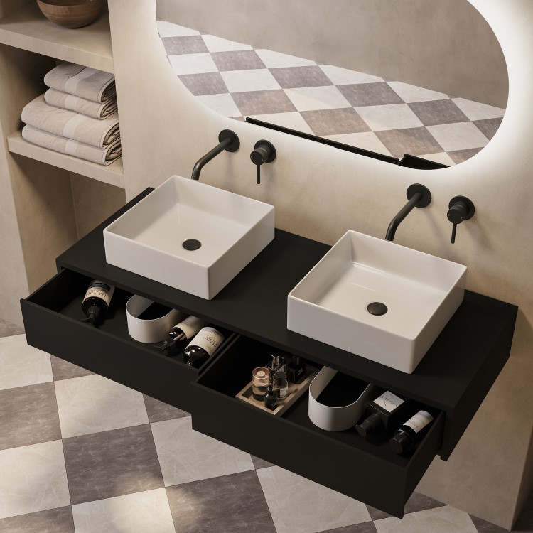 1200mm Black Wall Hung Countertop Vanity Unit with Square Basin - Lugo