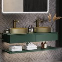 BUN/BeBa_28146/82767 1200mm Green Wall Hung Countertop Double Vanity Unit with Brass Basins and Shelf - Lugo