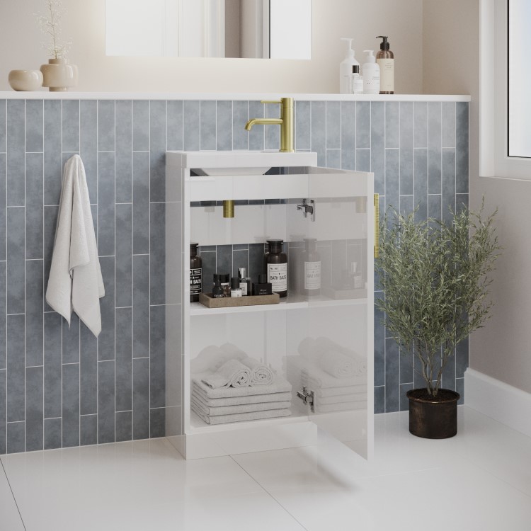 400mm White Freestanding Cloakroom Vanity Unit with Basin and Brass Handle - Ashford