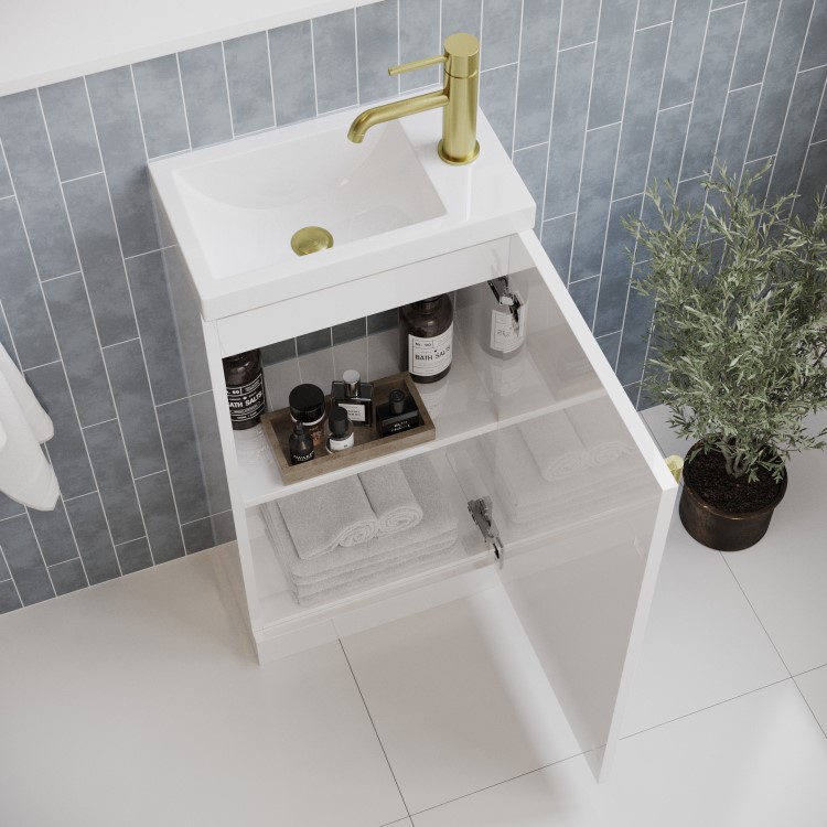 400mm White Freestanding Cloakroom Vanity Unit with Basin and Brass Handle - Ashford