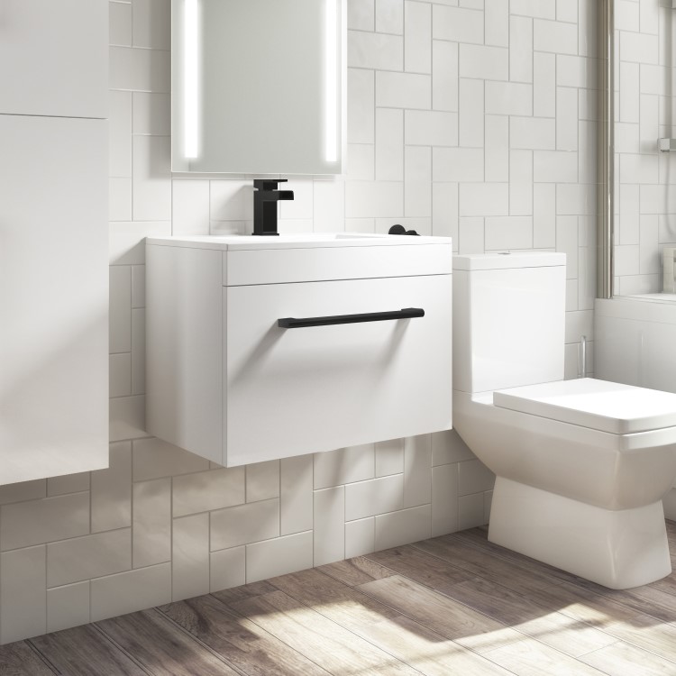 Grade A1 - 600mm White Wall Hung Vanity Unit with Basin and Black Handle - Ashford