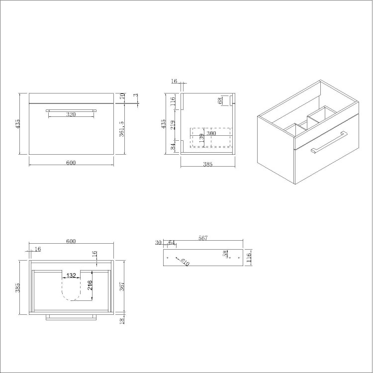 Grade A1 - 600mm White Wall Hung Vanity Unit with Basin and Black Handle - Ashford