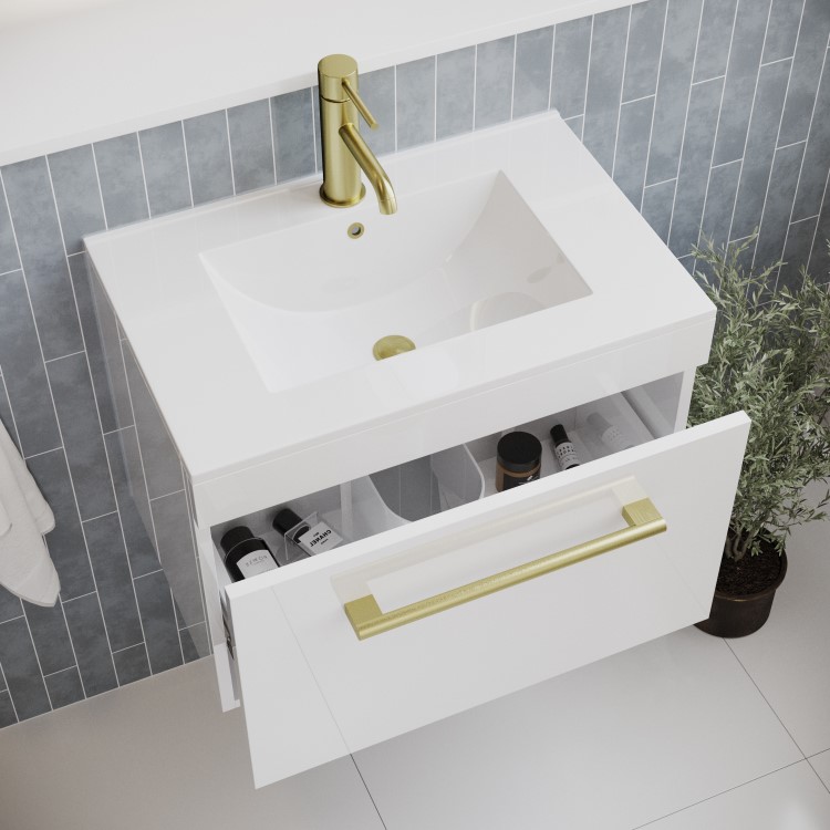 600mm White Wall Hung Vanity Unit with Basin and Brass Handle - Ashford