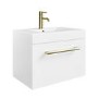 600mm White Wall Hung Vanity Unit with Basin and Brass Handle - Ashford
