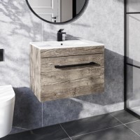 Grade A1 - 600mm Wood Effect Wall Hung Vanity Unit with Basin and Black Handle - Ashford