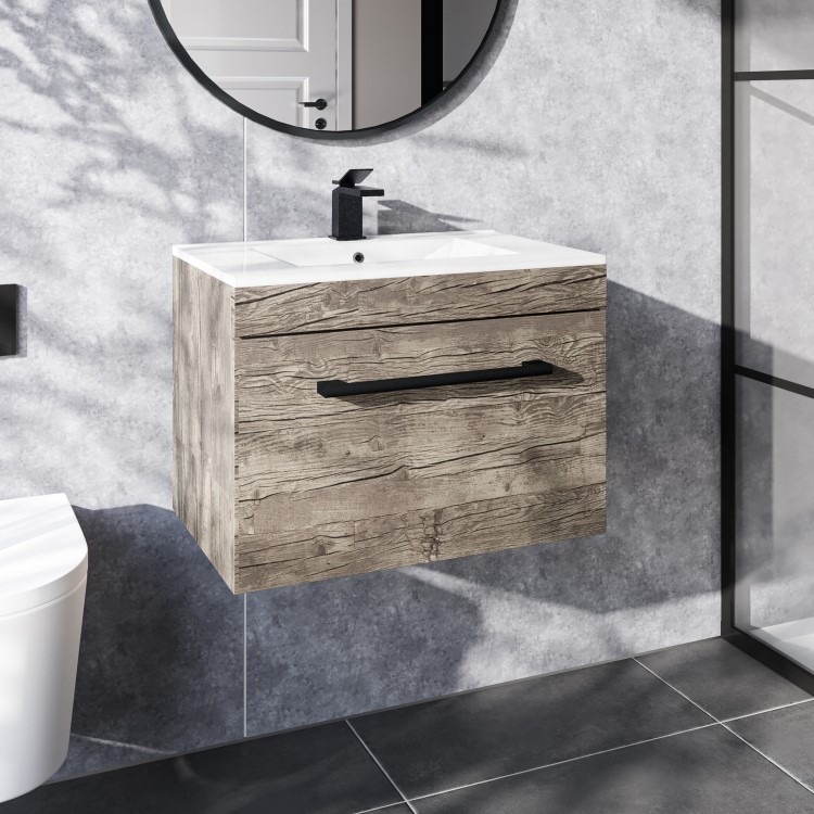 Grade A1 - 600mm Wood Effect Wall Hung Vanity Unit with Basin and Black Handle - Ashford