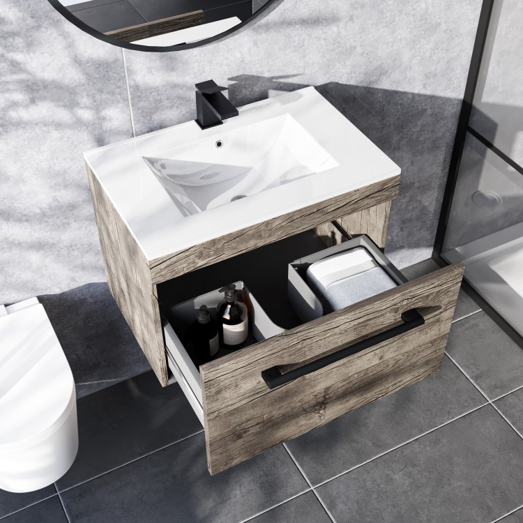Grade A1 - 600mm Wood Effect Wall Hung Vanity Unit with Basin and Black Handle - Ashford