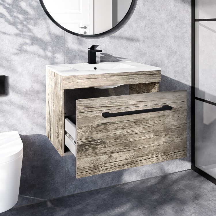 Grade A1 - 600mm Wood Effect Wall Hung Vanity Unit with Basin and Black Handle - Ashford