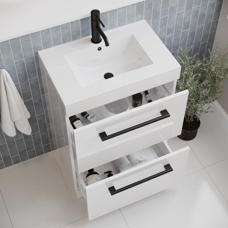 600mm White Freestanding Vanity Unit with Basin, Black Handles and Drawers - Ashford