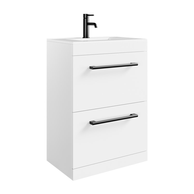 600mm White Freestanding Vanity Unit with Basin, Black Handles and Drawers - Ashford