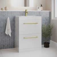 600mm White Freestanding Vanity Unit with Basin and Brushed Brass Handles - Ashford
