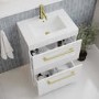 600mm White Freestanding Vanity Unit with Basin and Brushed Brass Handles - Ashford