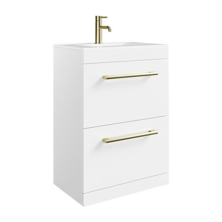600mm White Freestanding Vanity Unit with Basin and Brushed Brass Handles - Ashford