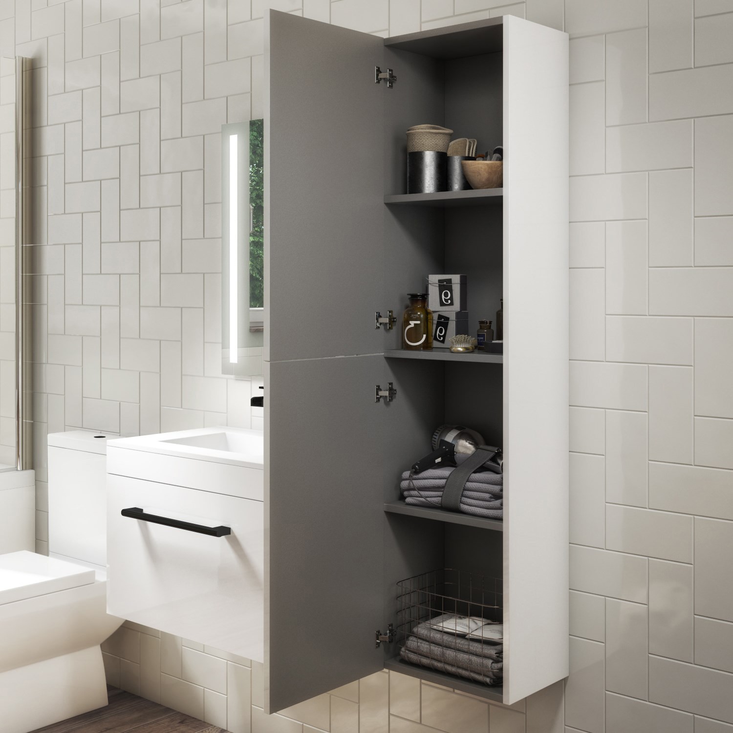 White Wall Hung Tall Bathroom Cabinet