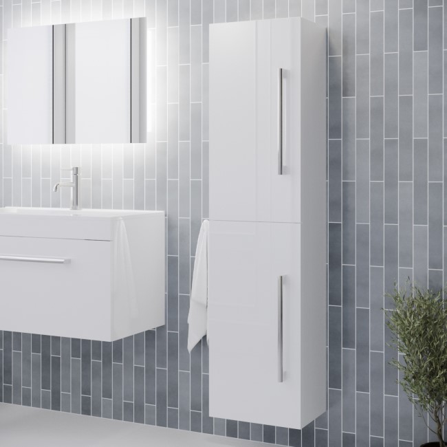 White  Wall Hung Tall Bathroom Cabinet with Chrome Handles 350mm- Ashford