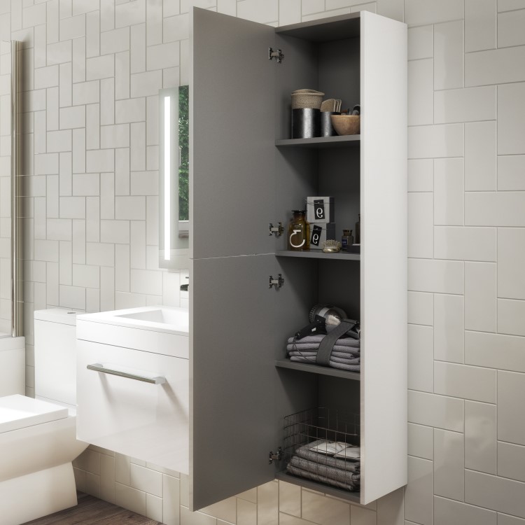 GRADE A1 - 1400mm Wall Hung Tall Boy Bathroom Cabinet - White - Ashford