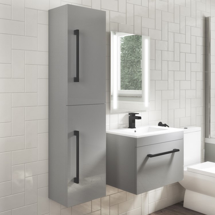 Grade A1 - 350mm Grey Wall Hung Tall Bathroom Cabinet with Black Handles - Ashford