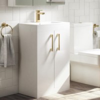 GRADE A1 - 500mm White Floor Standing Door Vanity Unit with Basin and Brushed Brass Handles - Ashford