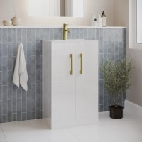 Grade A1 - 500 mm White Freestanding Vanity Unit with Basin and Brass Handles - Ashford