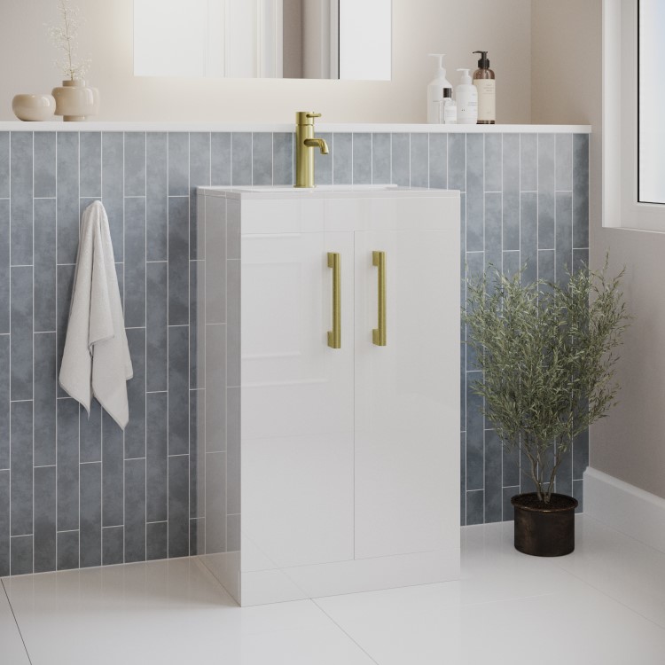 Grade A1 - 500 mm White Freestanding Vanity Unit with Basin and Brass Handles - Ashford