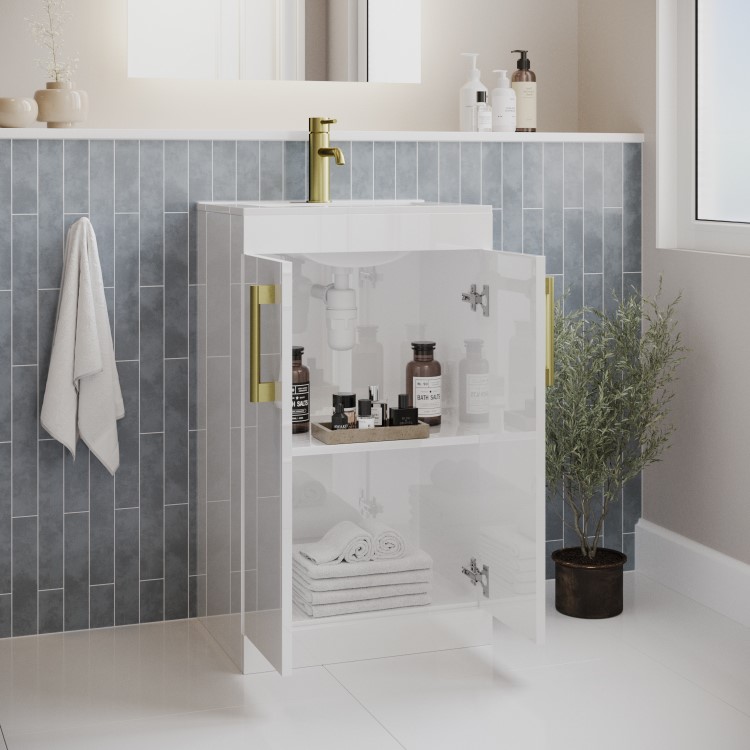 Grade A1 - 500 mm White Freestanding Vanity Unit with Basin and Brass Handles - Ashford