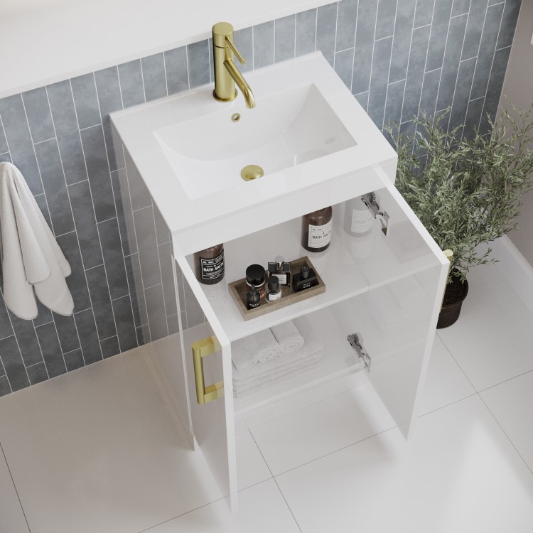 Grade A1 - 500 mm White Freestanding Vanity Unit with Basin and Brass Handles - Ashford