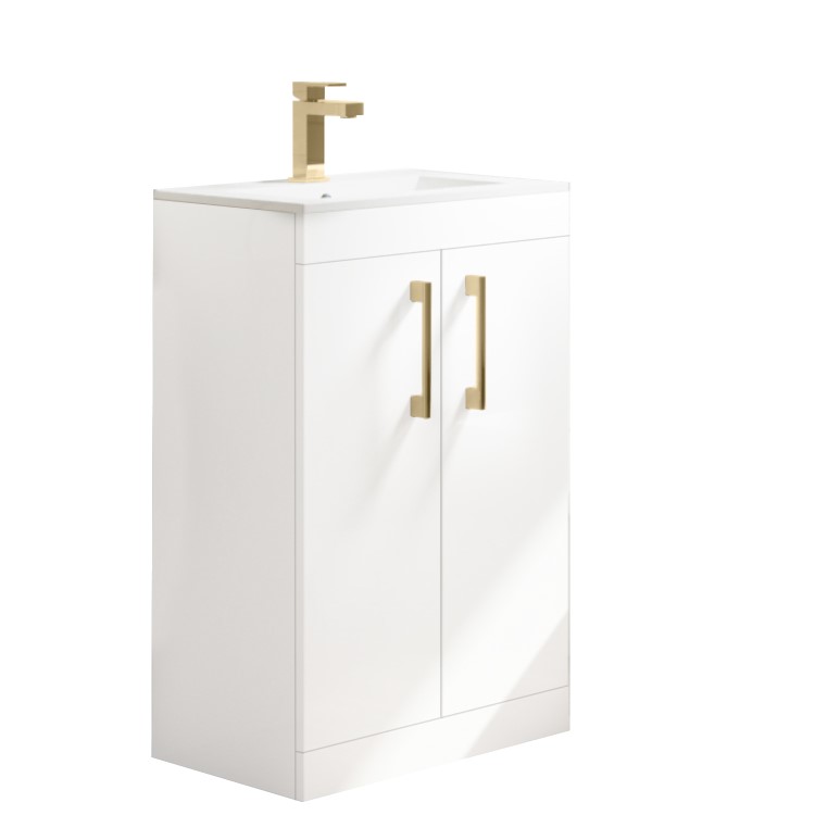 GRADE A1 - 500mm White Floor Standing Door Vanity Unit with Basin and Brushed Brass Handles - Ashford