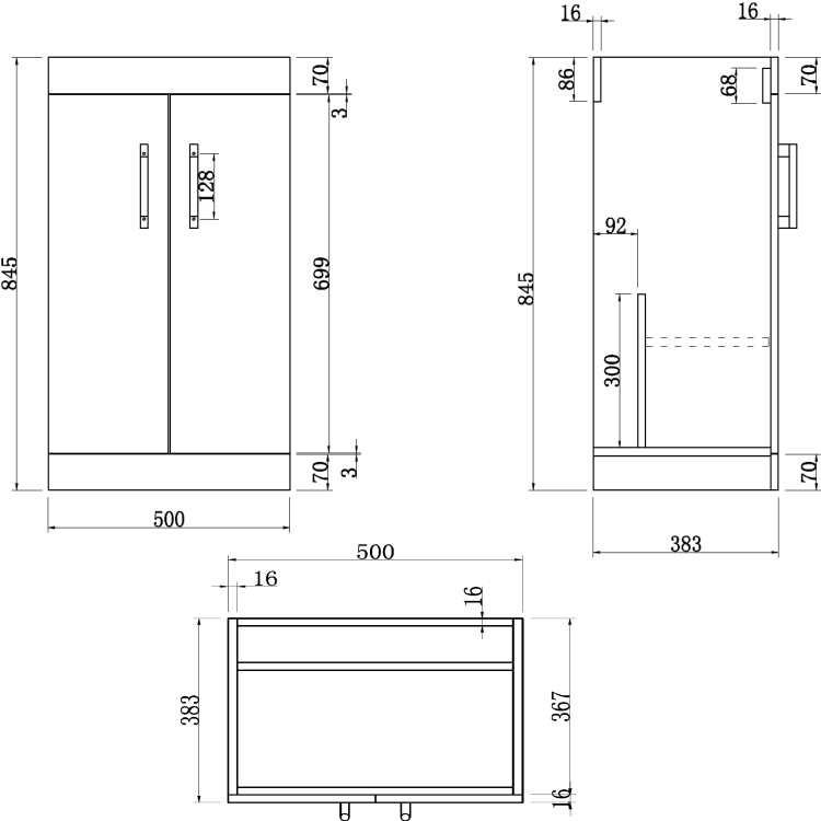 GRADE A1 - 500mm White Floor Standing Door Vanity Unit with Basin and Brushed Brass Handles - Ashford